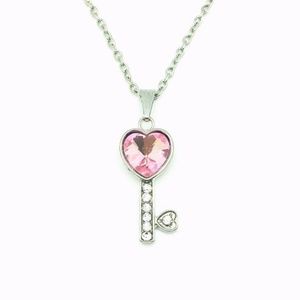 Key Rhinestone Pink Heart Pendant Chain Necklace